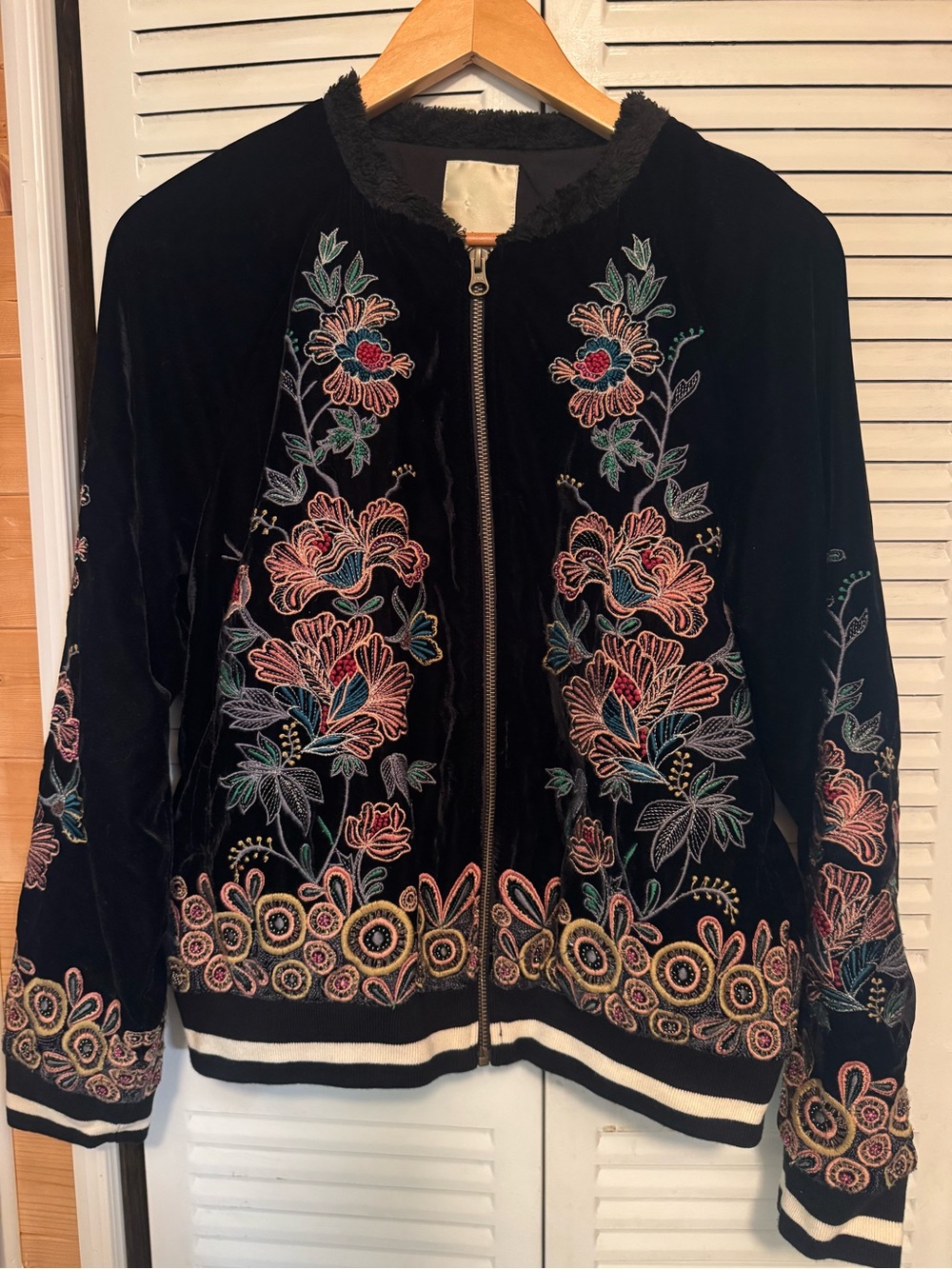 elevenses Black Velvet Bomber Jacket with Multicolor Floral Embroidery
